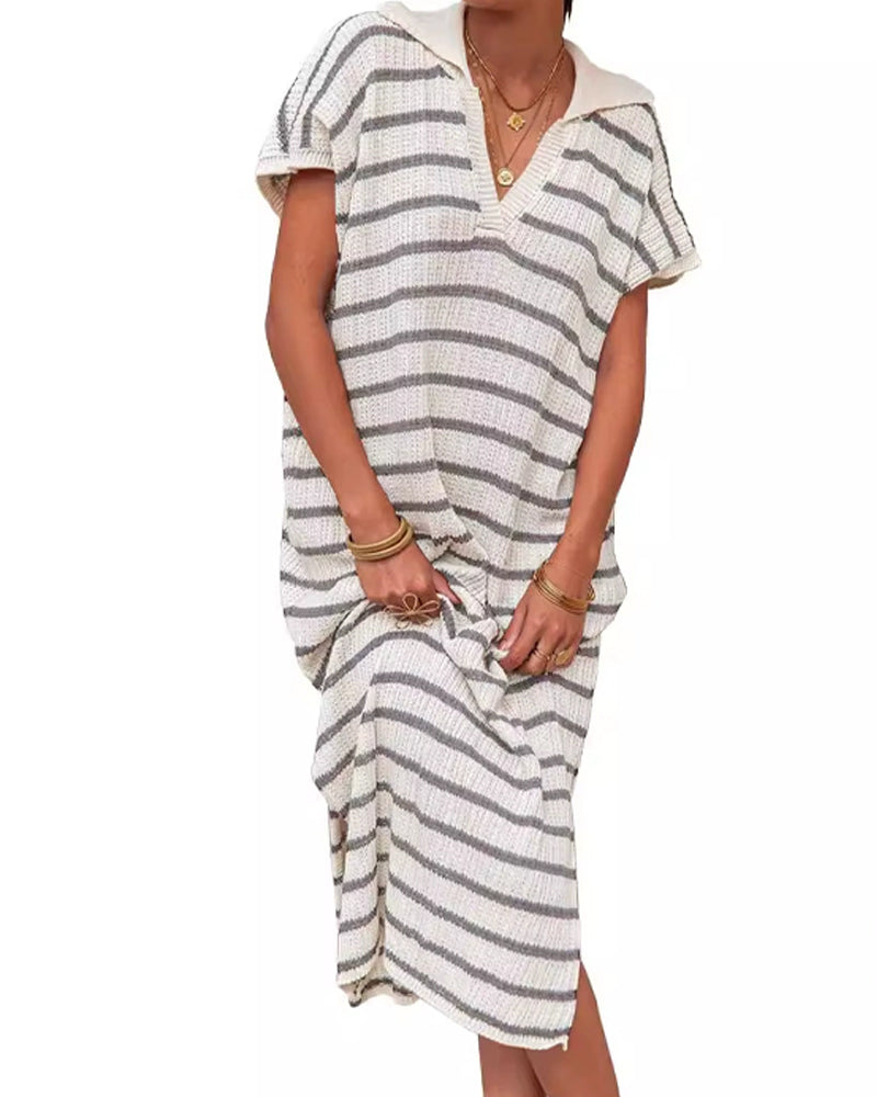 Kleid Gestreift Revers Kurzarm