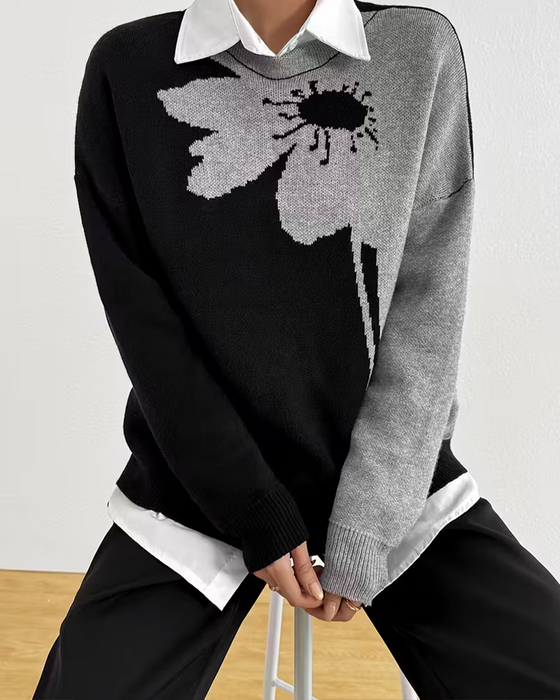 Pullover Farbblock Groß Blumen Jacquard Rundhals