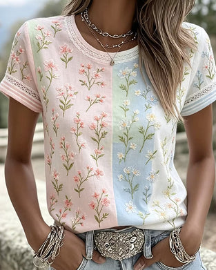 Bluse Spitze Patchwork Kontrast Blumig