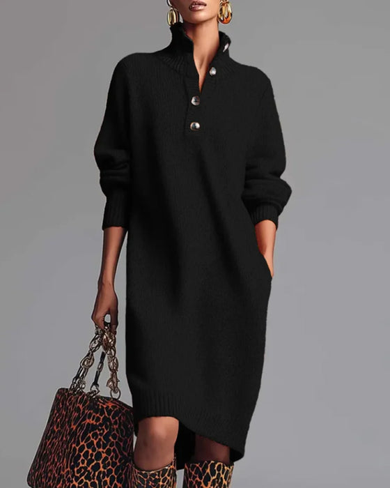 Unifarbenes Kleid mit Knöpfen und hohem Kragen