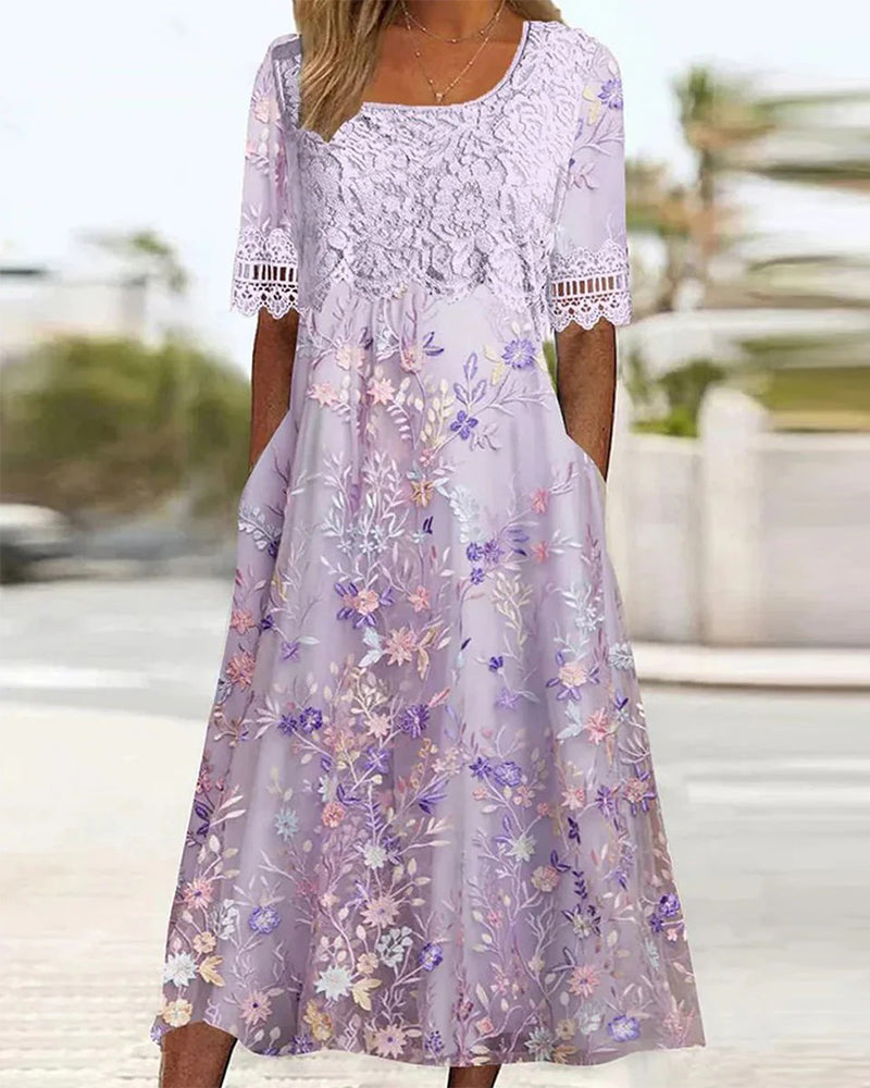 Kleid Spitze Blumenmuster Patchwork A-Linie