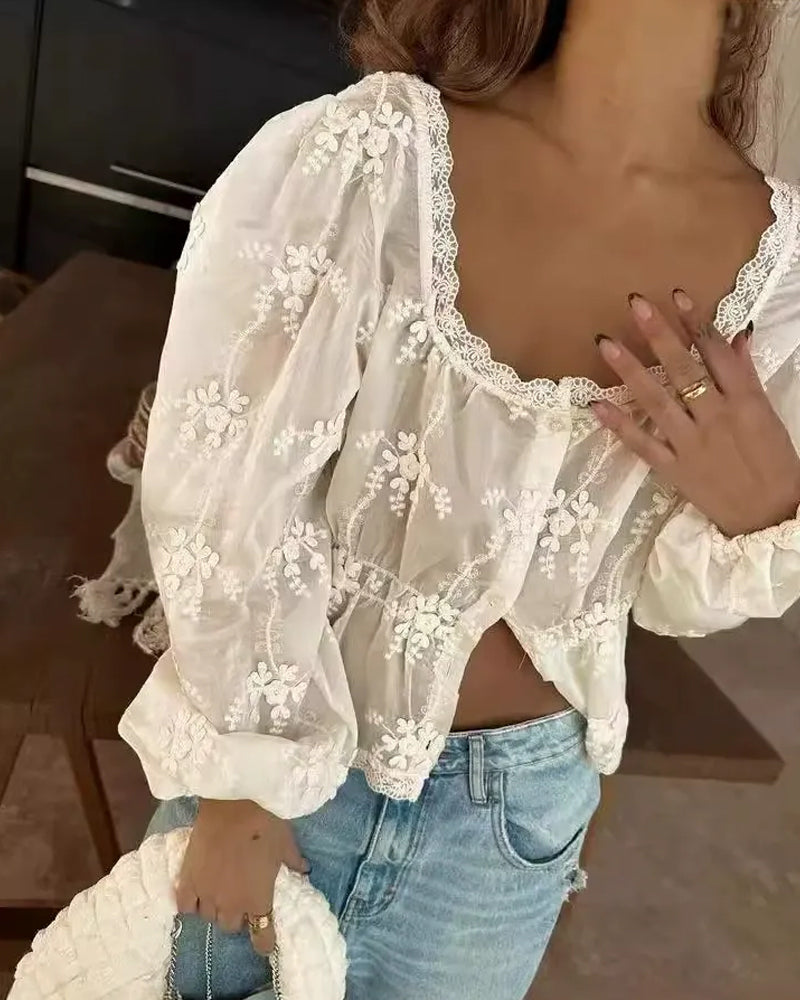 Bluse U-Ausschnitt Locker Bestickt Langarm