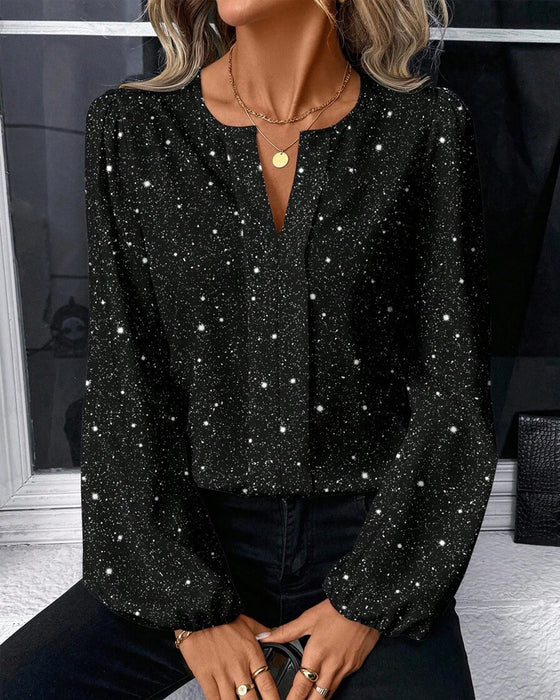 Top dezenter Glanz V-Ausschnitt langärmlig