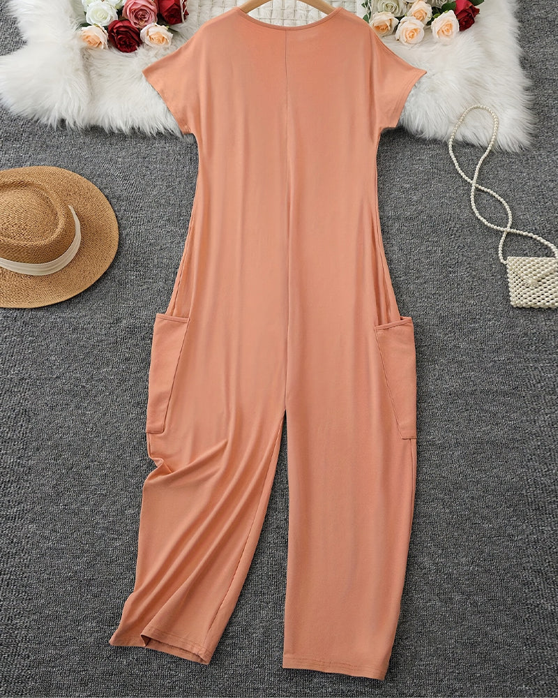 Jumpsuit V-Ausschnitt Kurzarm Weites Bein