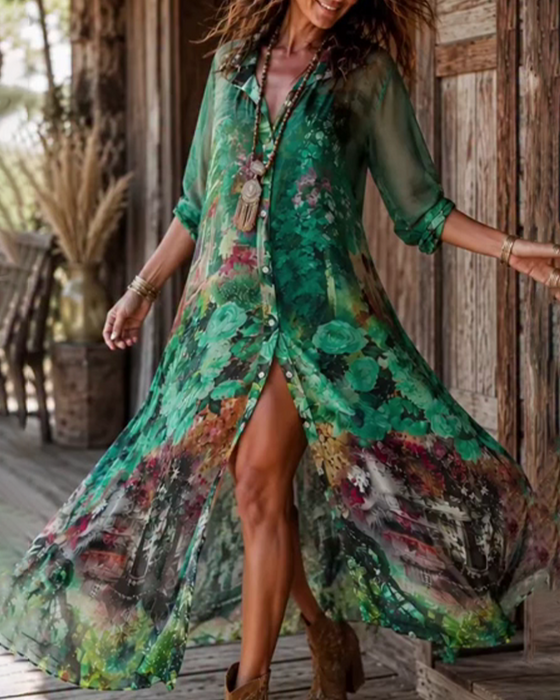 Kleid Hemdkragen Schlitz Blumen