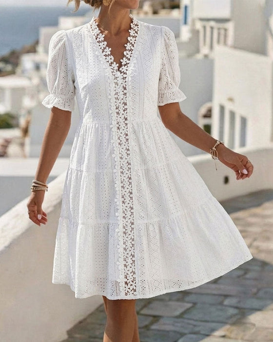 Kleid Puffärmel V-Ausschnitt Spitze A-Linie