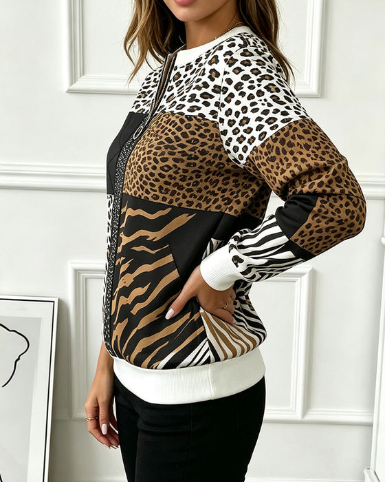 Sweatshirt Reißverschluss Leopard Tupfenmuster