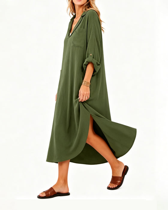 Kleid Revers V-Ausschnitt Tasche Schlitz