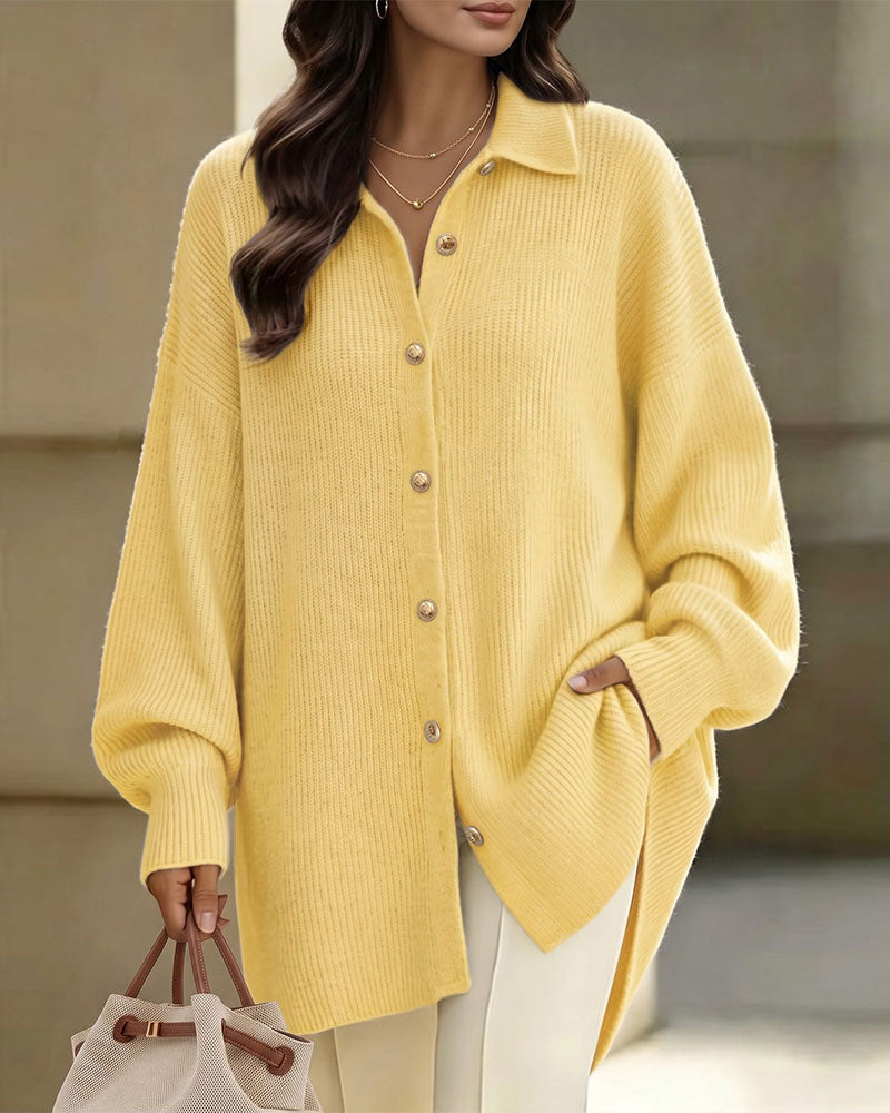 Cardigan Revers Knopf Laternenärmel Drop Schulter