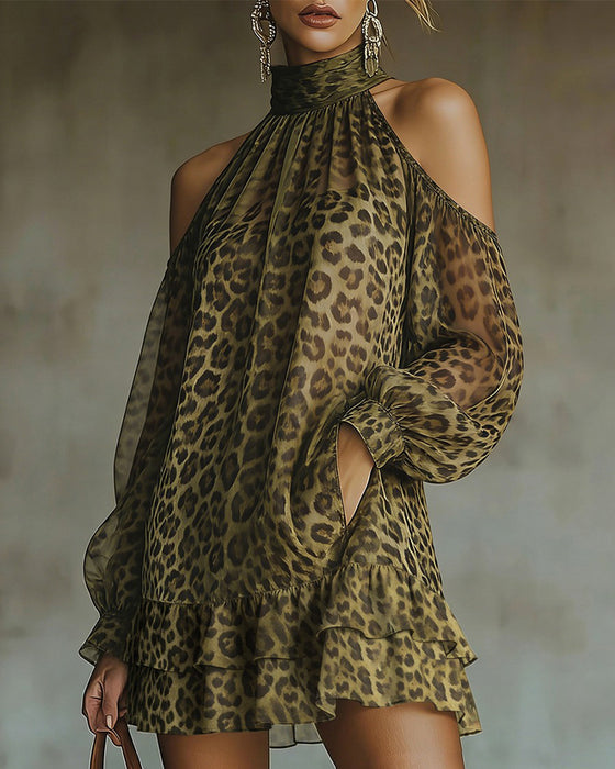 Kleid Mode Off-Shoulder Halfter Leopard