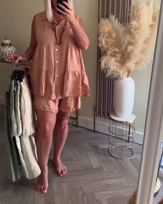Anzug Ärmellos Revers Knopfleiste Lässige Shorts
