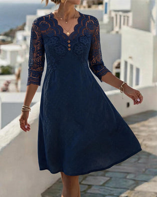 Kleid V-Ausschnitt Spitze Patchwork A-Linie