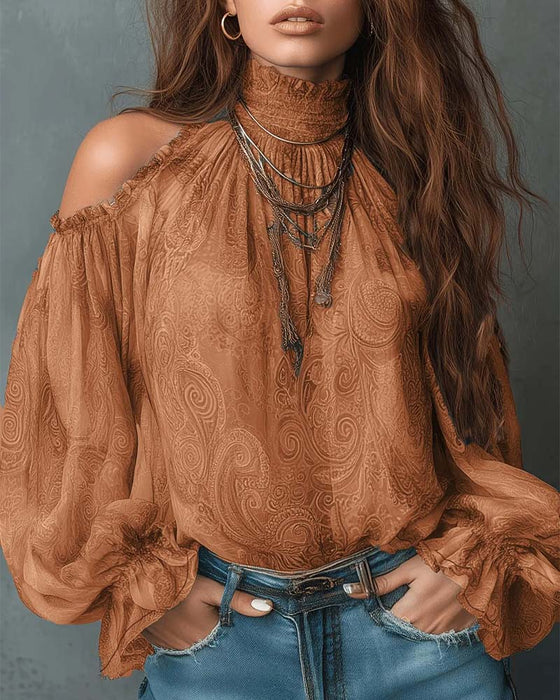 Bluse Bedruckt Off-Shoulder Mandarin Kragen