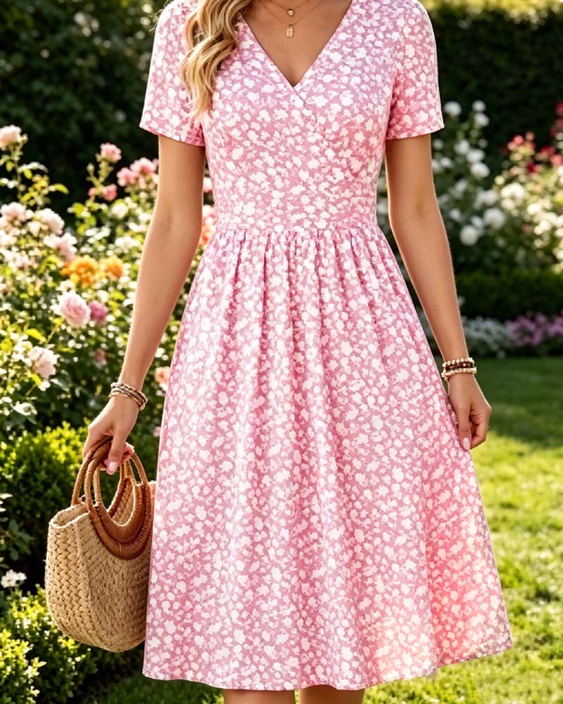 Kleid V-Ausschnitt Kurzarm Kleine Blumen