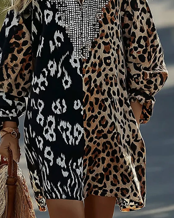 Kleid Farbe Block Leopard Druck Kurz