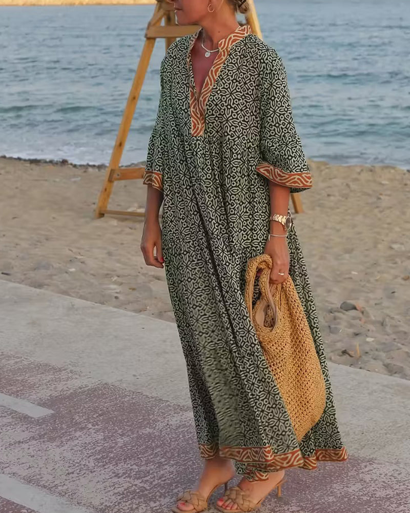 Kleid V-Ausschnitt Dreiviertelärmel Druck Urlaub