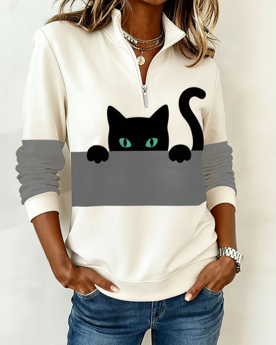 Sweatshirt Halbreißverschluss Katzenprint