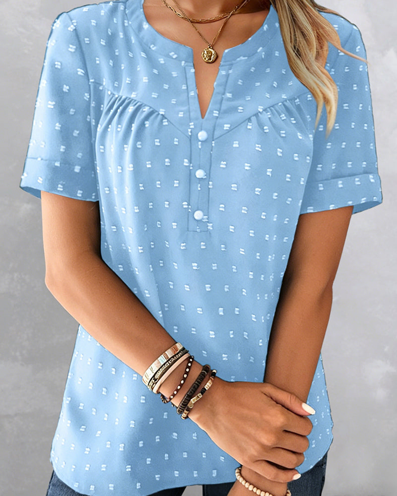 Bluse Jacquard V-Ausschnitt Halbknopfleiste Kurzarm