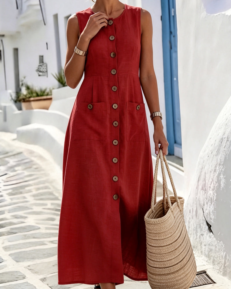 Kleid Rundhals Ärmellos Knopfleiste