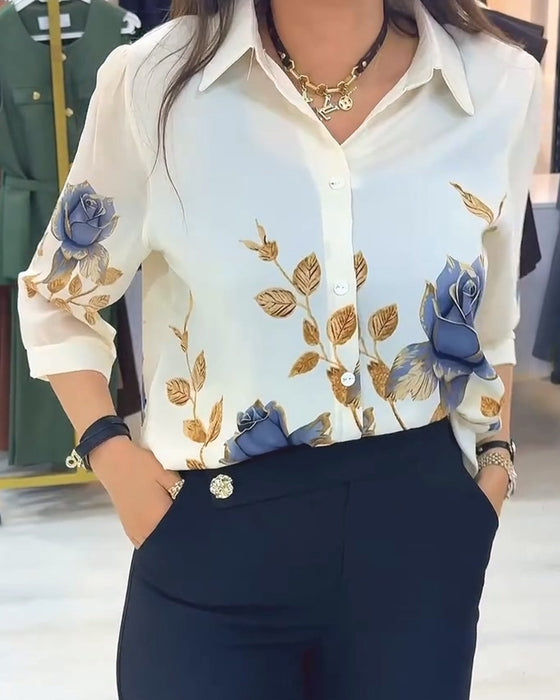 Bluse Revers Puffärmel Knopfleiste