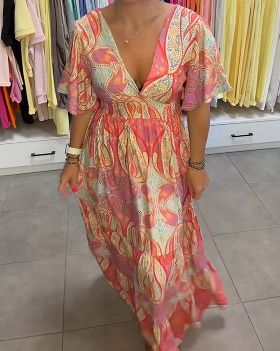 Kleid V-Ausschnitt Rüsche Druck