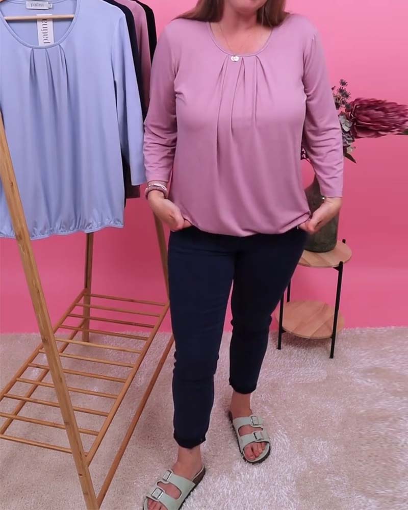 Top Mit Rundhals Ausschnitt Und Gefaltetem 3/4-Arm