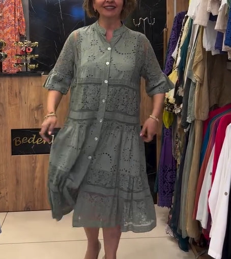 Kleid Stehkragen Spitze Hohl A-Linie