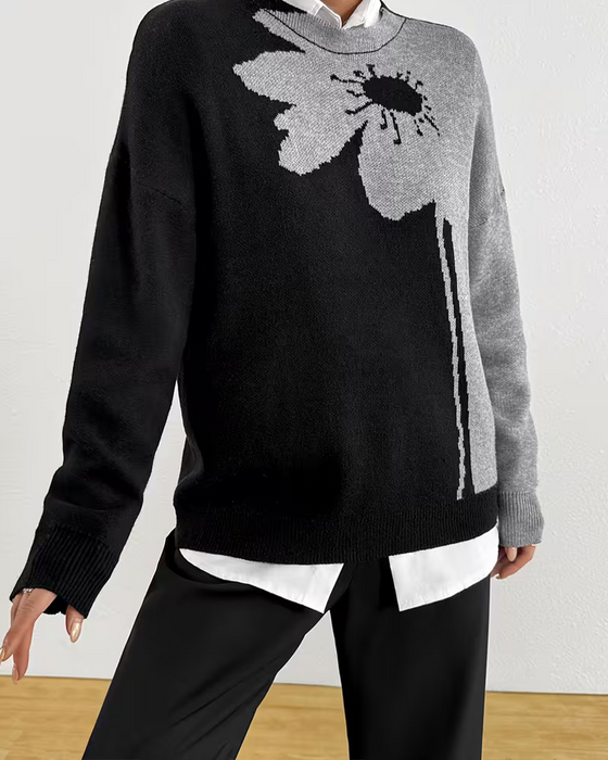 Pullover Farbblock Groß Blumen Jacquard Rundhals