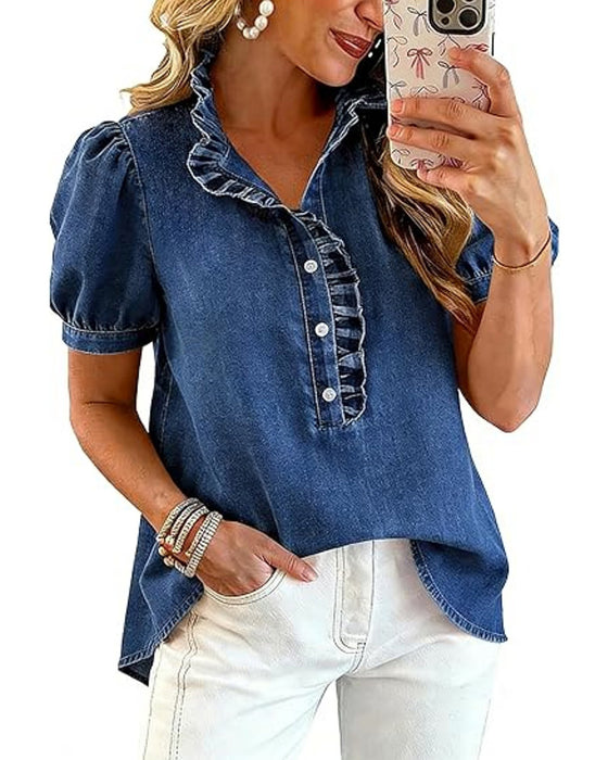 Bluse Knopf Hoch Rüsche Denim