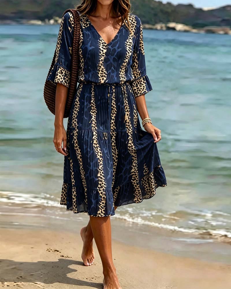 Kleid V-Ausschnitt Leopard Patchwork Midi Urlaub