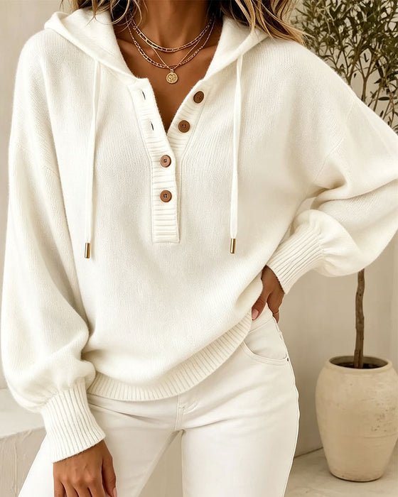 Pullover Kapuze Knopf Laternenärmel Kordelzug