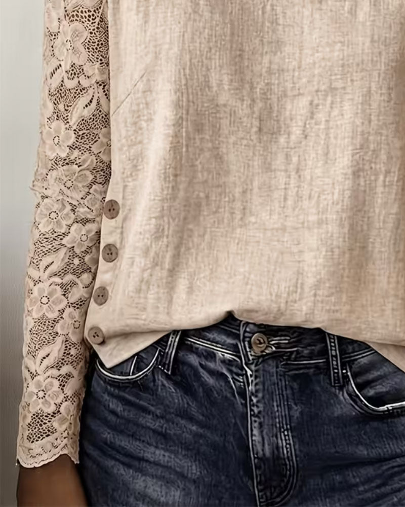 Bluse Rundhals Geknöpft Spitze Patchwork Langarm