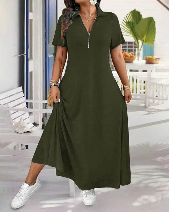 Kleid Kurzer Ärmel Uni Reißverschluss Maxi