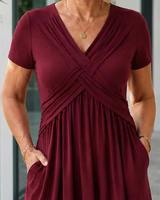 Kleid Kreuz V-Ausschnitt Figurbetonte Taille Kurzarm A-Linie
