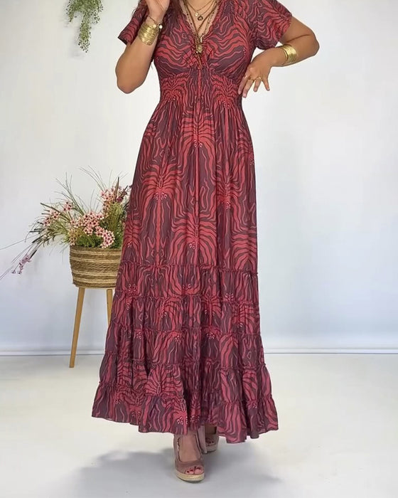 Kleid Boho V-Ausschnitt Plissiert Lang