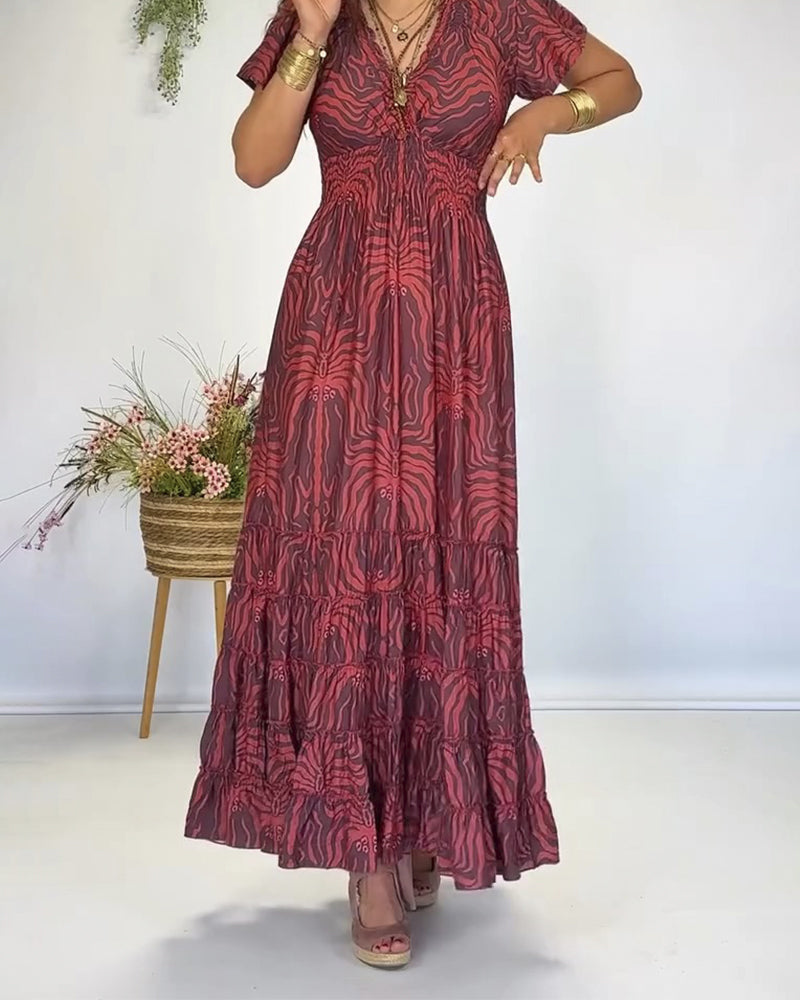 Kleid Boho V-Ausschnitt Plissiert Lang