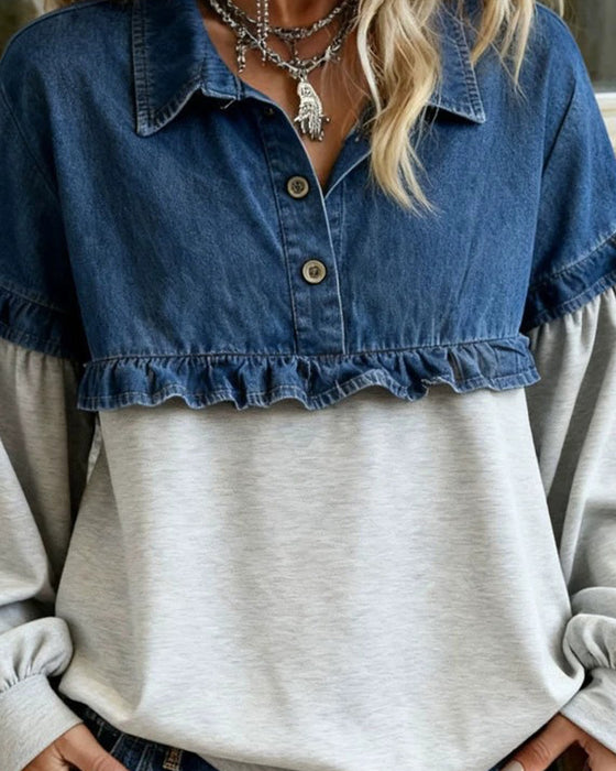 Top Hemdkragen Volant Patchwork