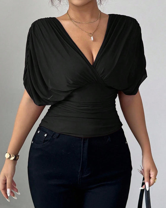 Bluse Uni Farbe Tiefer V-Ausschnitt Taille Kurzarm