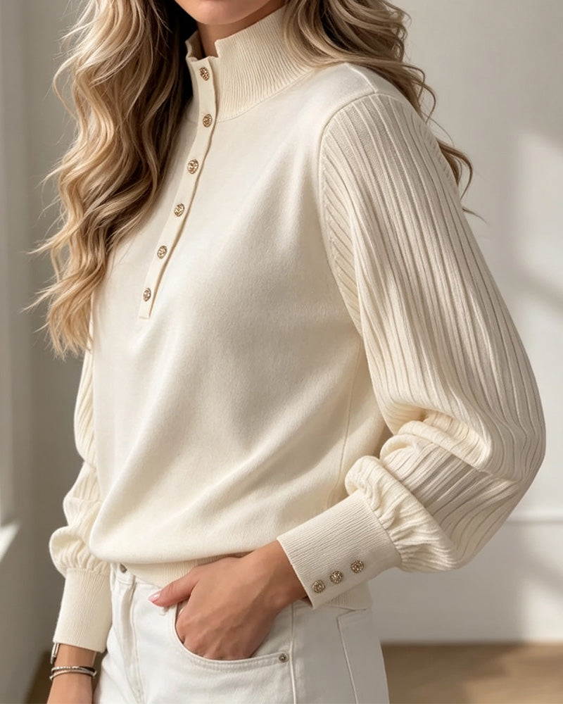 Pullover Rollkragen Knopf Gerippt Puffärmel Sweater