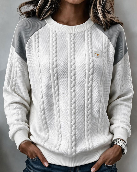 Sweatshirt Rundhals Zopfstrick Farbblock