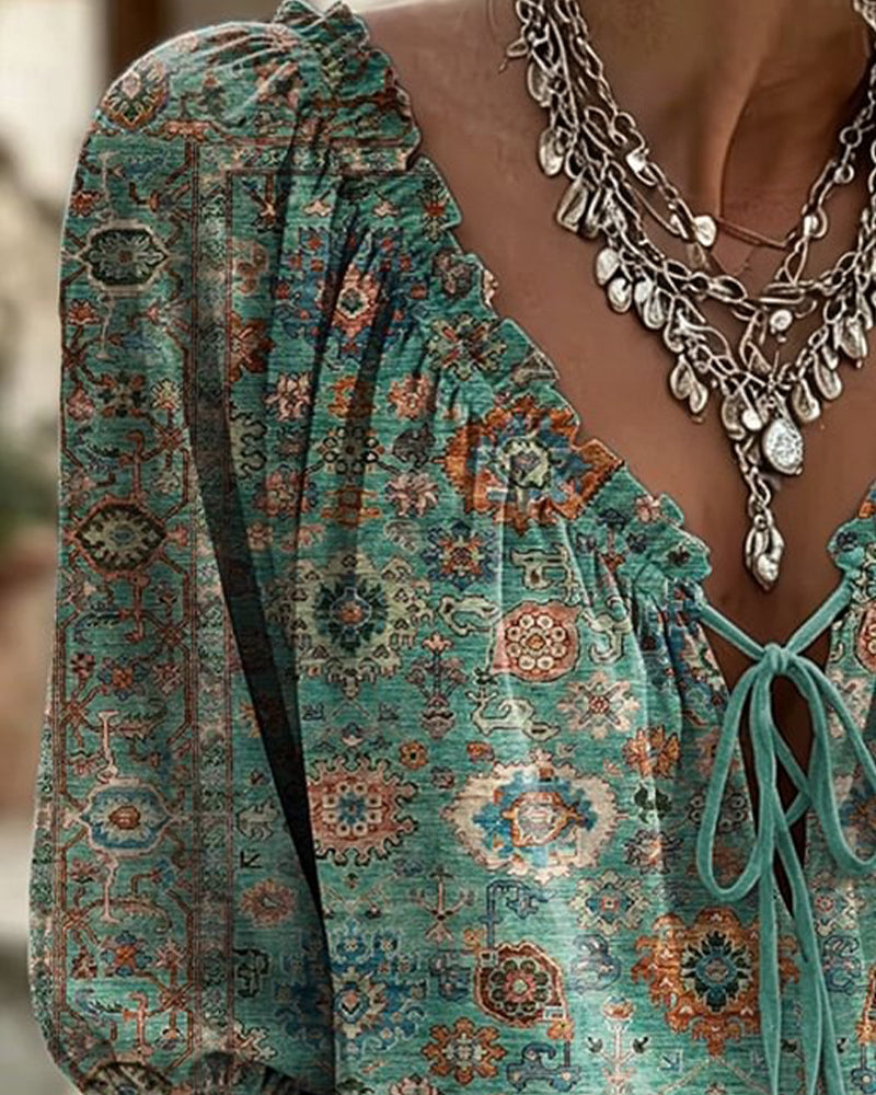 Bluse V-Ausschnitt Bindung Vintage Print