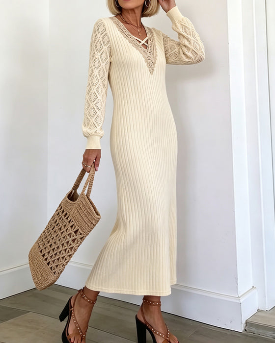 Kleid Spitze V-Ausschnitt Einfarbig