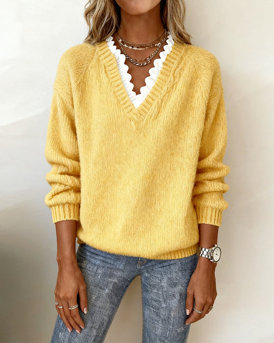 Eleganter Pullover Mit V-Ausschnitt Und Rüschen