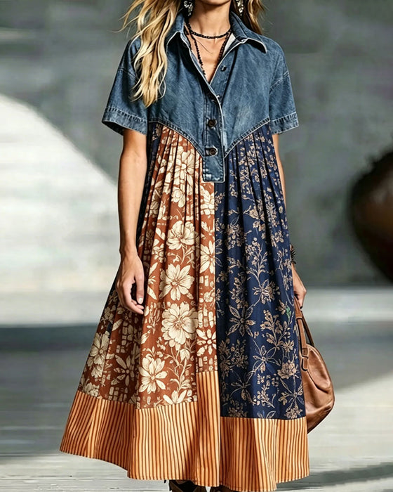 Kleid Hemdkragen Blumig Kontrast Denim Patchwork