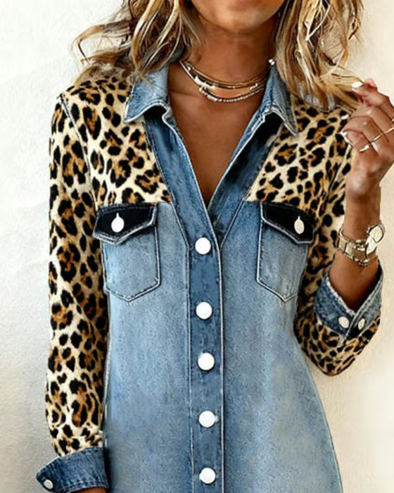 Kleid Hemdkragen Leopard Patchwork