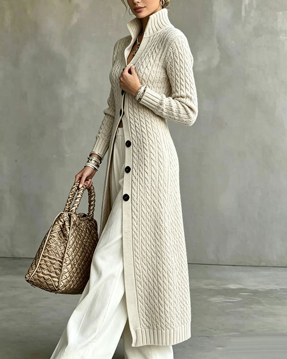 Strickjacke Stehkragen Zopf Knopf Lang