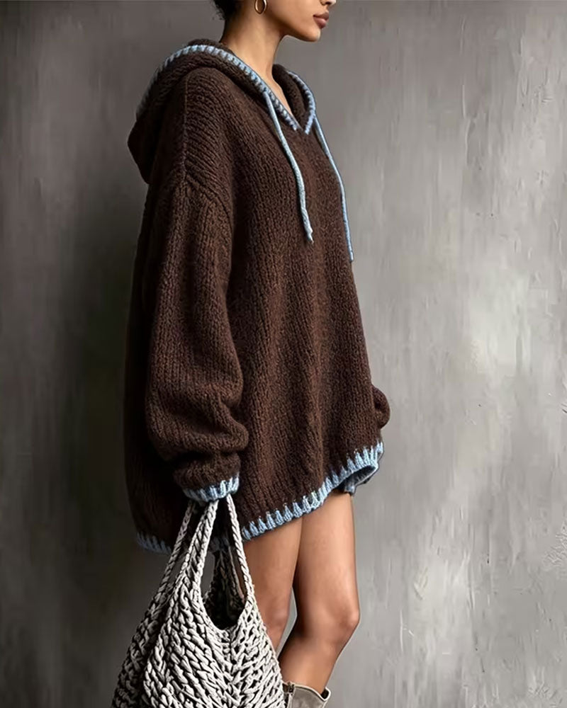 Strickkleid Kontrast Kordelzug Kapuze