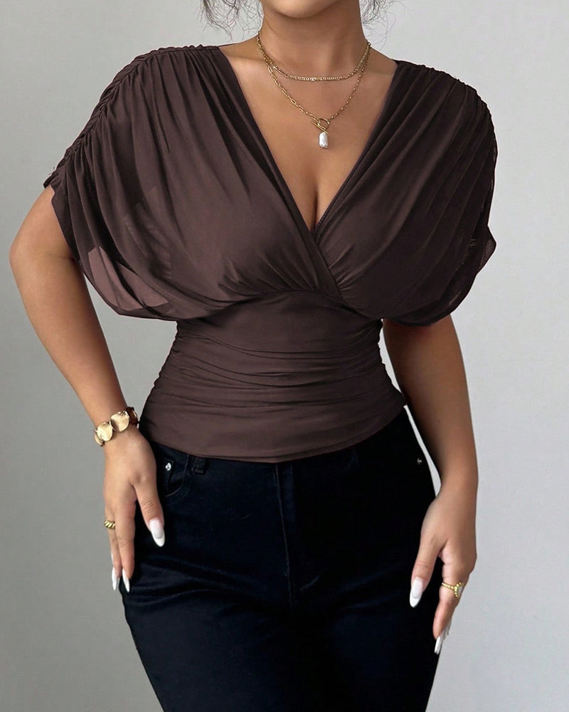 Bluse Uni Farbe Tiefer V-Ausschnitt Taille Kurzarm