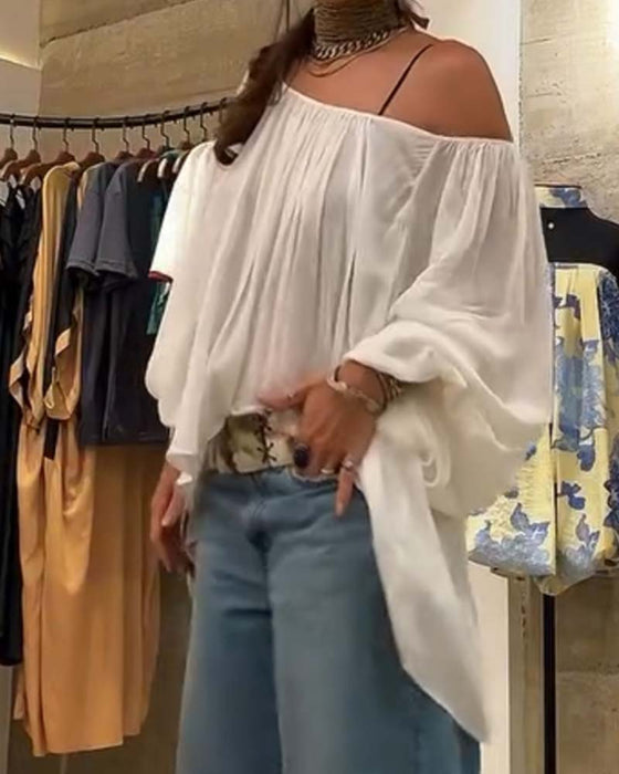 Bluse Puff Laternenärmel Gerafft Rundhals