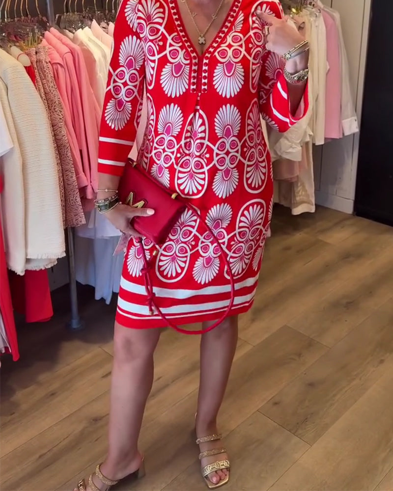 Kleid V-Ausschnitt Gedruckt A-Saum
